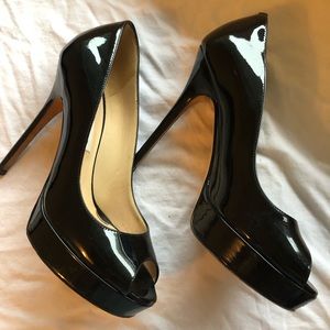 Jimmy Choo patent leather peep toe platform pumps